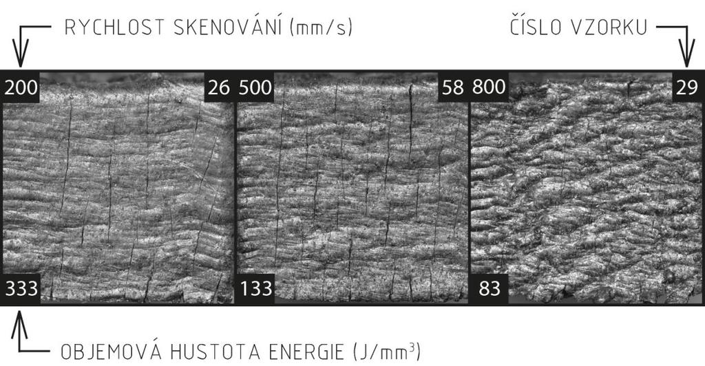 VÝSLEDKY Obr. 5.2 Boční stěny vzorků Již z fotografií odřezaných vzorků bylo patrné, že některé kombinace procesních parametrů jsou nevhodné.