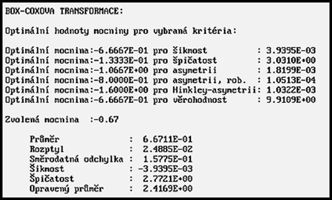 ad b) Transformace Box-Coxova Tab.3.2 Box Coxova transformace a retransformované hodnoty Výpočtem bylo zjištěno, že zvolená mocnina nabývá hodnoty o velikosti -0,67 (viz Tab.3.2).