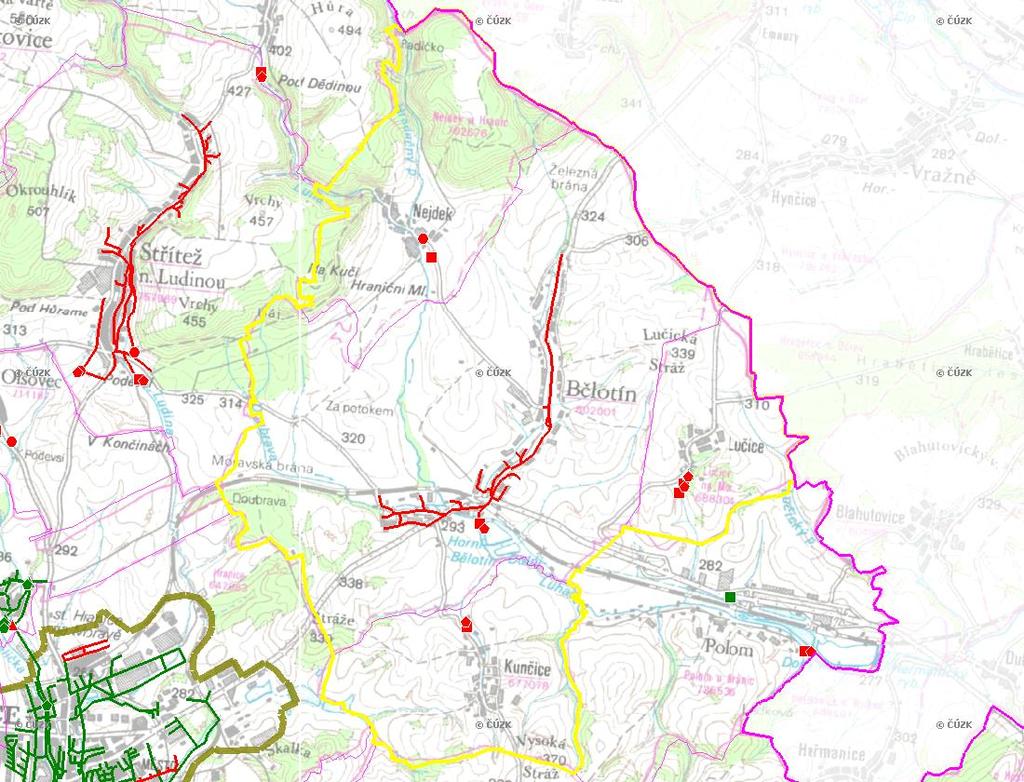 E. KANALIZACE A ČOV Mapa E1: Kanalizace - rozvody v obci Trasování sítí, lokalizace ČOV, čerpací stanice (ČS), výústě Obec: Bělotín Legenda: Kanalizace: Ochranné pásmo: Vyústění: do 2015 po 2015 I IA