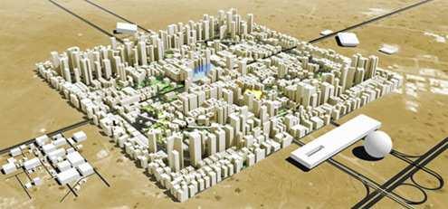 Ekologické nové město Masdar / UAE vize 90% energie ze solárních panelů na vyvýšeném místě, aby bylo ochlazováno větrem město bez aut doprava po městě kolejovou rychlodráhou +