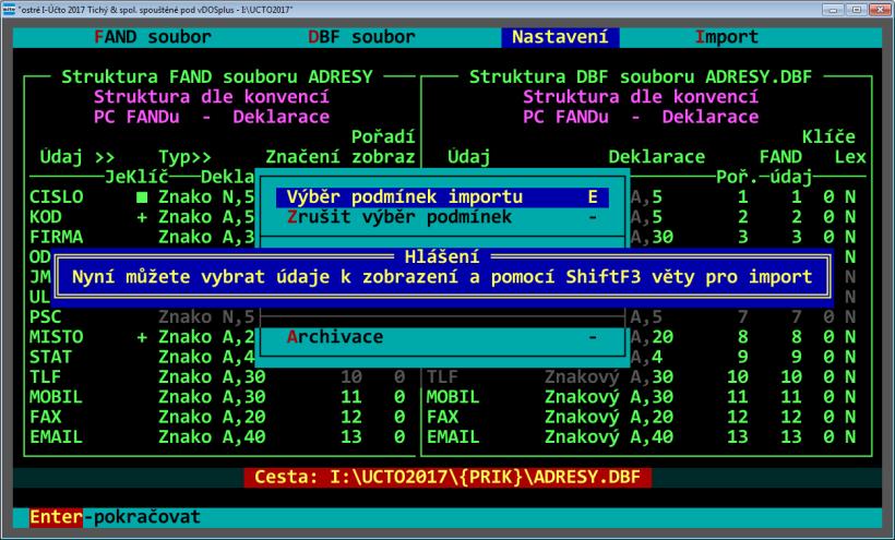 Pak je třeba vybrat soubor Účta, do něhož mají být data z DBF souboru importována. Shoduje-li se název vybraného DBF souboru s některým souborem Účta, je k výběru nabídnut tento soubor.