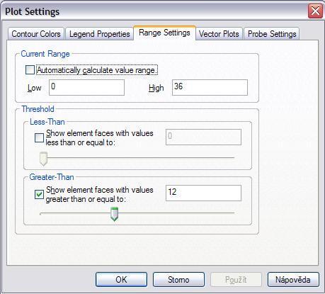 Nalezení elementu s největším napětím Příkaz Results Options / Plot settings / Range Settings / Threshold" slouží k nalezení elementů s nejvyšším napětím zejména u komplikovanějších modelů, kdy