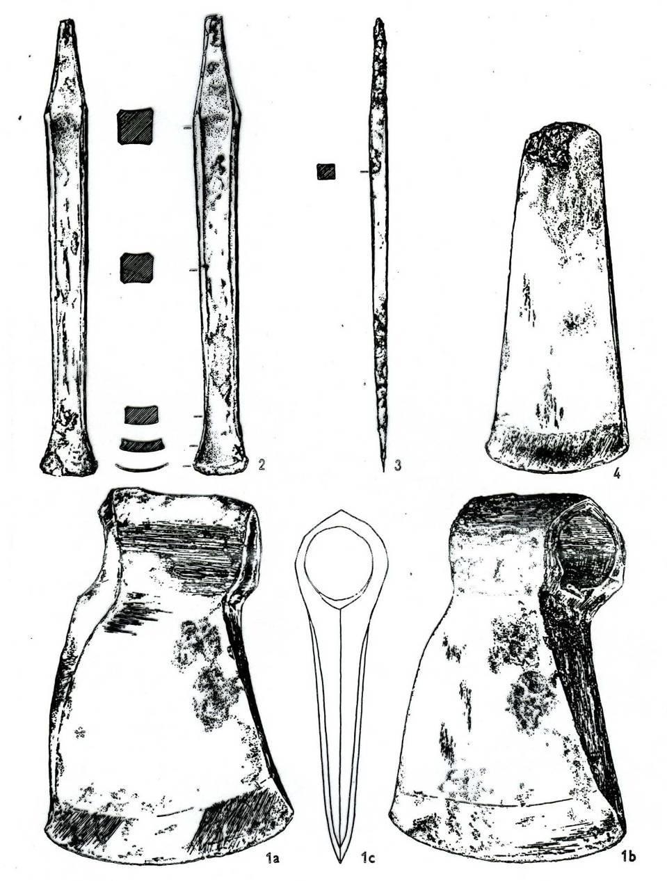 Eneolit, měděné předměty, vlevo raně eneolitické