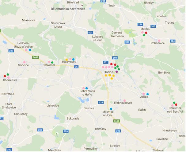 Obrázek 4 - mapa území SO ORP Hořice s barevným vyznačením vzdělávacích zařízení Zdroj: vlastní zpracování mateřská škola základní škola málotřídní (1-5 ročník) základní