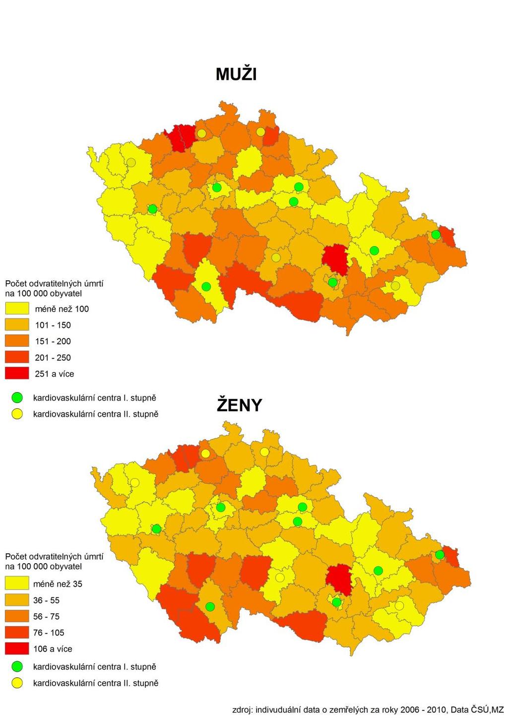 Obr. 13: Míra úmrtnosti na akutní infarkt myokardu ve věkové skupině 50 74 let, muži, ženy okresy Česka, 2006 2010 Zdroj: