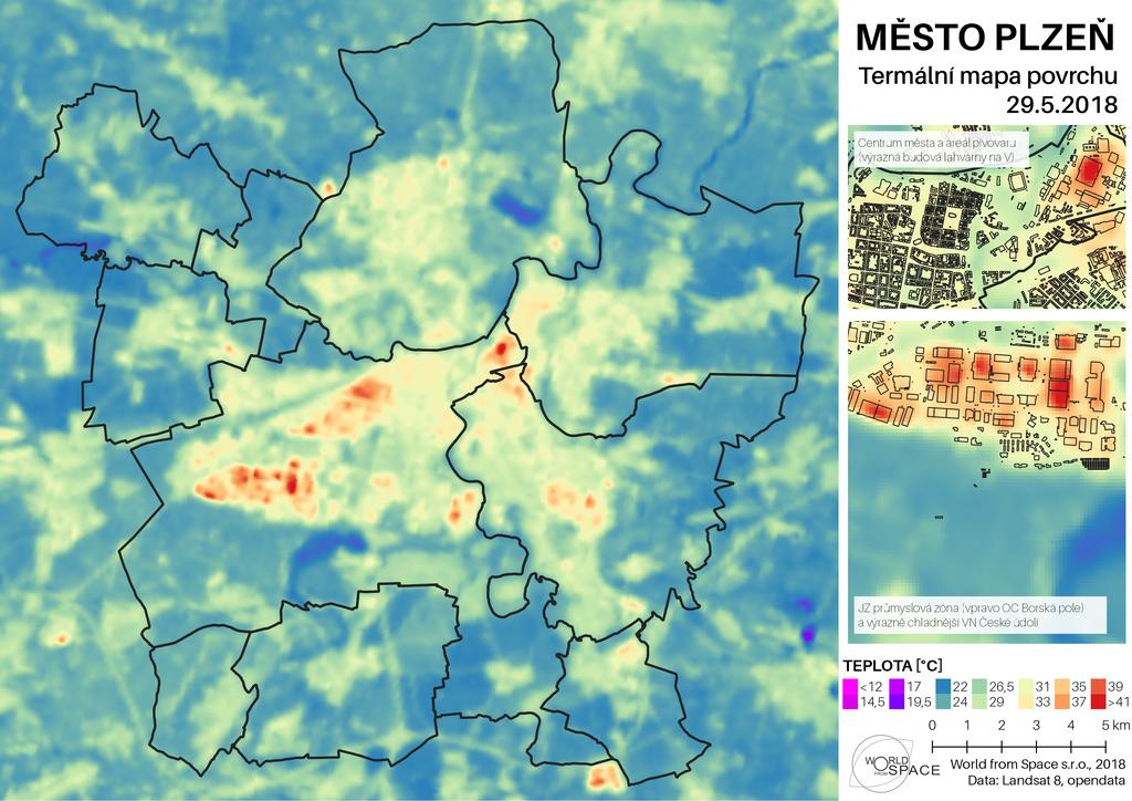 SATELITNÍ MONITORING PLZEŇ 2018 PLZEŇ A JEJÍ TEPLOTA VÝSTUPY Město zahřívají průmyslové areály V průběhu vlny veder se přehřívají i okrajové čtvrtě a okolí města Přírodní prvky jsou při vlně veder o