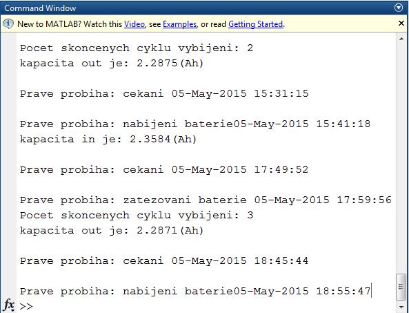 6 Vlastní chod programu Po spuštění a nastavení potřebných parametrů, zapnutí měření, program naváže komunikaci se zdrojem a zátěží, poté začne cyklicky zatěžovat akumulátor.