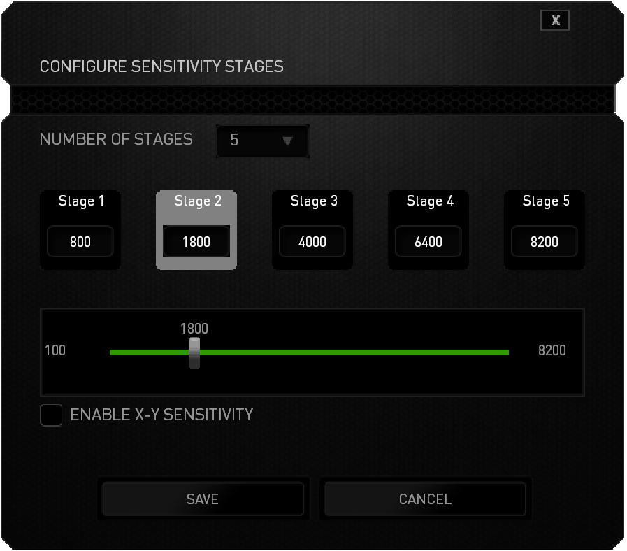 Konfigurace úrovní citlivosti Sensitivity stage (Úroveň citlivosti) představuje předem nastavenou hodnotu citlivosti.