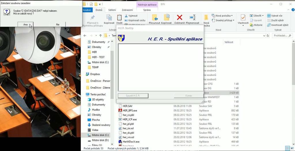 6. Konfigurační soubor her.ini uložte a zavřete. 7. Spusťte nové HER. Buď přes her.exe ve složce BIN nebo zástupcem na ploše. 8. Vyskočí tři okna o Založení souboru zasedání.