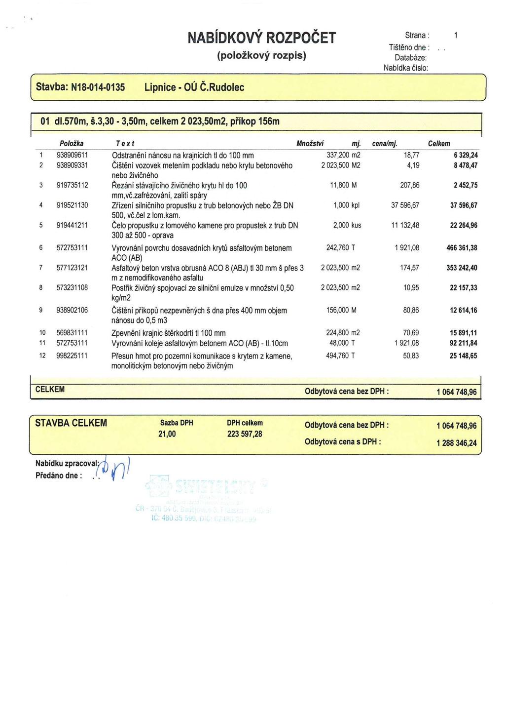 NABÍDKOVÝ ROZPOČET (položkový rozpis) s,rana Tištěno dne: Databáze Nabídka číslo: Stavba: N18-014-0135 Lipnice OÚ Č.Rudolec 01 dl.570m, š.