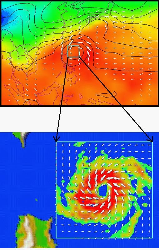 A tropical storm as simulated in a global climate model. Shown are surface temperature (shading), pressure and winds. Bottom: the same storm case, but as simulated with the hurricane prediction model.