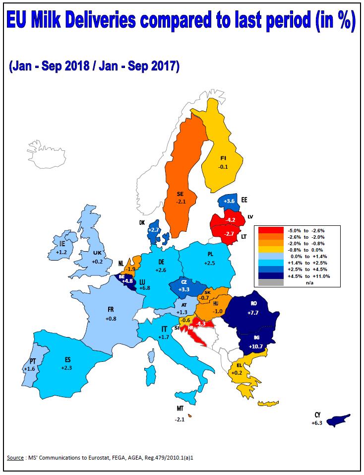 Dodávky mléka v EU (%) Srovnání leden září