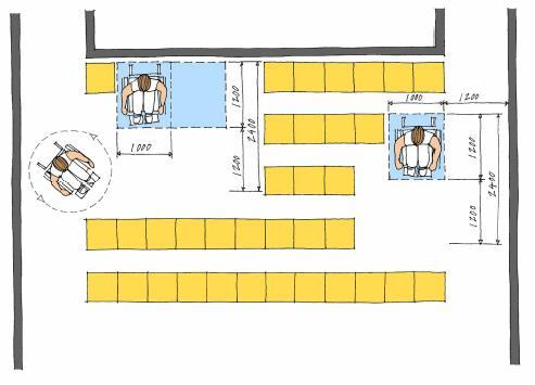 divadla, kina, koncertní sály, posluchárny místo pro vozík musí mít šířku min. 1000 mm a hloubku min.