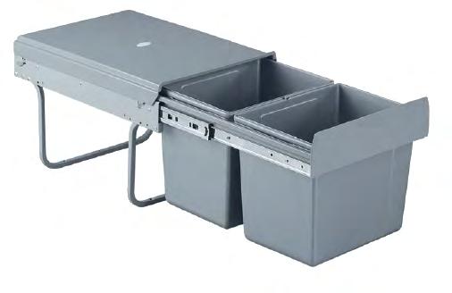 Odpadkové koše Sorter 1 Výsuvný odpadkový 2koš, 2x 15 l, šedý plast Objem: 2x 15 l Rozměr výrobku: 330x480x330 mm (š x h x v) Vnější šířka skříňky: 400 mm Složení kompletu: 2x nádoba, plastový kryt,