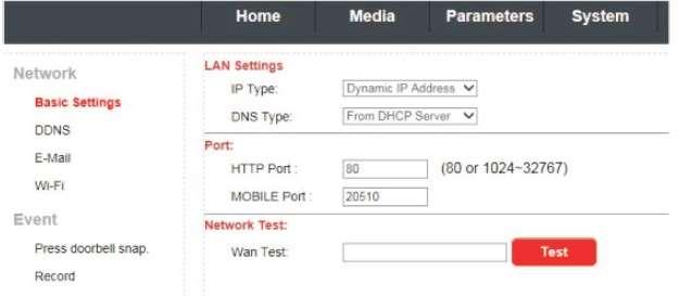 Stránka Parameters Záložka Basic Settings Sekce LAN Settings IP Type : Fixed IP Address : Manuální zapání pevné IP adresy.