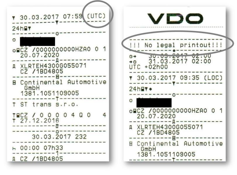 řádku výtisku, pokud se jedná o výtisk v čase UTC nebo z paměti DT. Správnost nastavení je možno zkontrolovat a porovnat s časem uvedeným na webových stránkách https://time.is/utc.