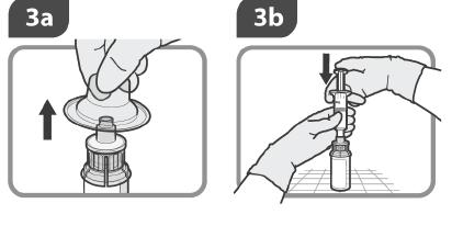 Krok 3 3a 3b 3c Odstraňte vrchní kryt adapteru na lahvičku a zlikvidujte ho. Našroubujte stříkačku na adapter na lahvičku.