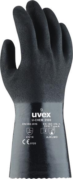 Chemická rizika Ochranné rukavice s bavlněnou podšívkou: povrstvení NBR EN 407 X1XXXX EN ISO 374-1:2016/Type A EN ISO 374-1:2016/Type A AJKLOT AJKLMO :2016 :2016 4131X 4121X 60961 uvex u-chem 3000