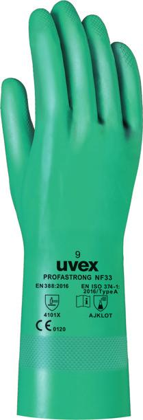 Chemická rizika Ochranné rukavice s podšívkou z bavlněného vlasu: NBR/chloropren EN ISO 374-1:2016/Type A EN ISO 374-1:2016/Type A AJKLOT AKLMNO :2016 :2016 4101X 3131X 60122 uvex profastrong Citlivé