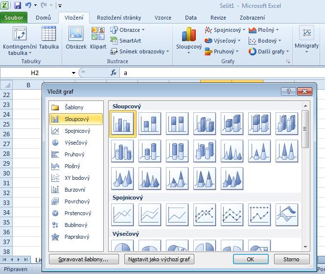 Obrázek 82 Vložení grafu Změna typu grafu Nyní již máme vytvořený graf, ale chceme ho zaměnit za jiný. Označíme myší graf, který chceme změnit. Na pásu karet se objeví karty Nástroje grafu.