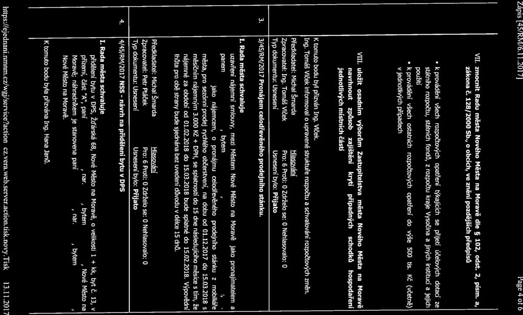 Zápis [451RM/6.I 1.2017J Page 4 ot 6 VII. zmocnit Radu města Nového Města na Moravě dle 5 102, odst. 2, písm. a, zákona č. 12812000 Sb.