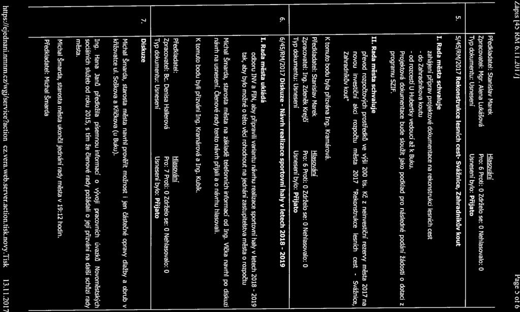 - od Lapis 43/KM/b. ti.2u t/j Fage 5 ot 6 Předkladatel: Stanislav Marek Hlasování Zpracovatel: Mgr. Alena Lukášová Pro: 6 Proti: O Zdrželo se: O Nehlasovalo: O Typ dokumentu: Usnesení 5.