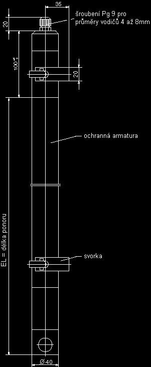 .. +95 C Tlaková odolnost 1 bar, až +90 C Snímací sonda šroubení Pg 13,5 Délka ponoru sériově 500mm a 1000mm, možné zhotovení délky do max.