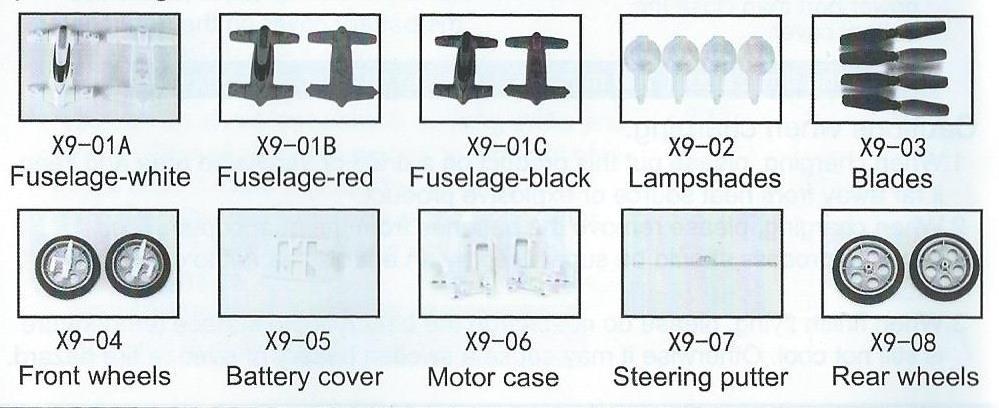 Seznam příslušenství Fuselage white- tělo rc-modelu bílé barvy Fuselage red- tělo rc-modelu červené barvy Fuselage black-tělo rc-modelu černé barvy Lampshades- kryty