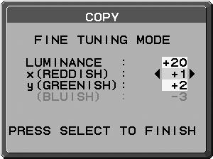 8. Stiskem možnosti SELECT (Vybrat) zahájíte potvrzení bílého bodu. 9. Po dokončení potvrzení se zobrazí zpráva FINE TUNING MODE (Režim jemného ladění). 10.