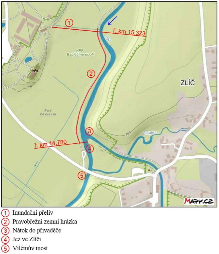 Obrázek 2.6 Přehledná situace řešené oblasti [4] Při modelování je zapotřebí zvětšit řešenou část toku řeky o nátokovou a výtokovou oblast.