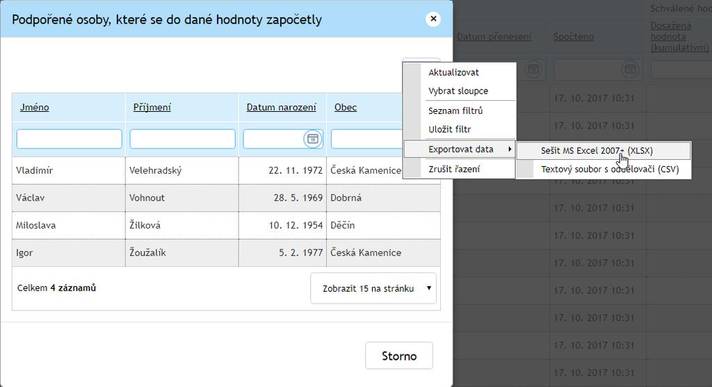 3.7 Podpora Na záložce podpora je seznam všech podpor evidovaných na příslušném projektu. Na této záložce nelze podporu editovat, ale je možné zadaná data filtrovat dle vybraných kritérií. 3.