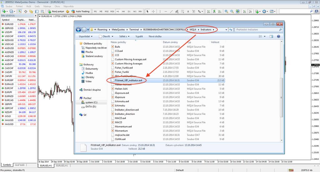4) do složky Indicators zkopírujte soubor FXstreet_VIP_indikator 5) následně platformu MT4 restartujte (vypněte a znovu zapněte) 6) v platformě MT4 otevřete okno s libovolným měnovým párem nebo jiným