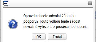 Obrázek 181: Potvrzující hláška Obrázek 182: Důvod odvolání 7.3. Ukončení projektu V období od podpisu smlouvy do ukončení realizace projektu je žadateli umožněno projekt ukončit.