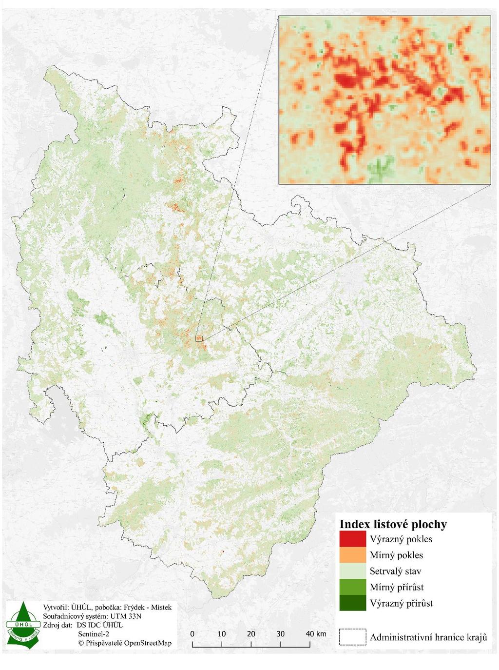 Obr. 2 Změna indexu listové plochy z dat Sentinel-2