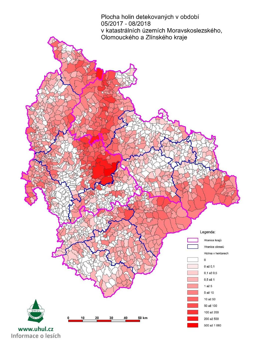 Obr. 3 Plocha holin a mrtvých porostů detekovaných z dat