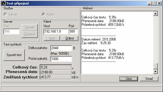 Obr. 14: Test připojení pro pakety o délce 2048 B. Maximální dosaženou přenosovou rychlost jsem také ověřil při přenosu z FTP serveru.