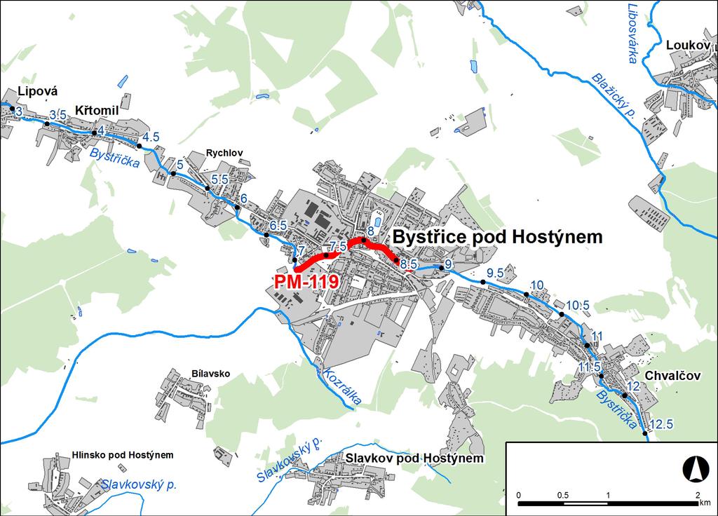 1. LOKALIZACE Předmětem řešeného území je úsek na řece Bystřičce v km 7,257-8,799 Obr. č. 1 Přehledná mapa řešeného území 2.