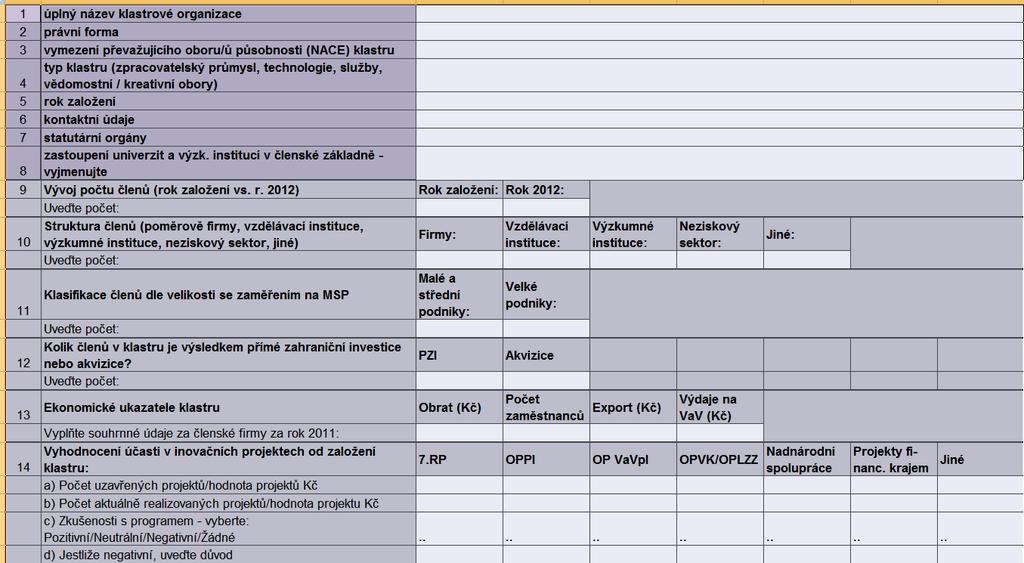 IV ANALÝZA ŽIVOTASCHOPNOSTI KLASTROVÝCH ORGANIZACÍ V ČR IV.1 PŘÍPRAVA TERÉNNÍHO ŠETŘENÍ A SBĚR DAT a) Formulář pro sběr dat V Souladu s b. II. 1.4.