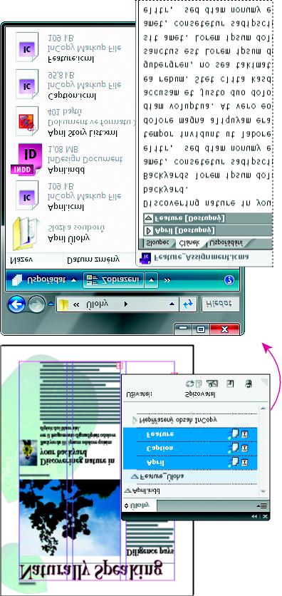 Dokument aplikace InDesign (.indd) se souborem úlohy (.icml) složený ze tří připojených souborů s obsahem (.incx). Úloha a její komponenty se zobrazují v panelu Úlohy a otevírají se v InCopy.