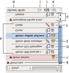 Panel Úlohy v aplikaci InDesign A. Názvy obsahu InCopy B. Název dokumentu aplikace InDesign C. Stav úlohy Neaktuální D. Stav Upravovaný a aktuální text E. Stav Používaný a neaktuální textový obsah F.