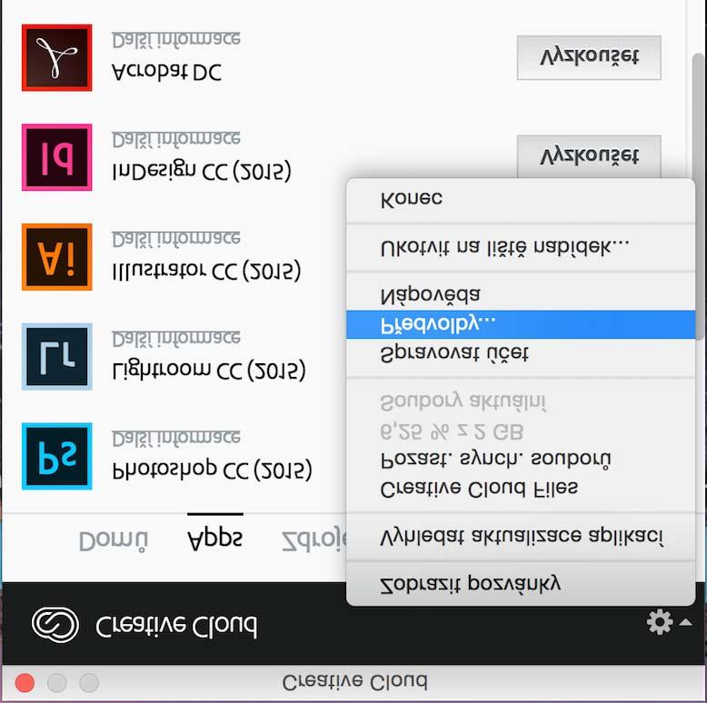 Dialogové okno Předvolby poskytuje možnosti přizpůsobení služby Creative Cloud a práce s ní, včetně změny jazyka nainstalovaného softwaru, změny nastavení služeb Creative Cloud a odhlášení, pokud