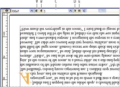 Stavový řádek v zobrazení rozvržení A. Tlačítko první dvojstránky B. Tlačítko předcházející dvojstránky C. Pole zobrazení čísla stránky D. Tlačítko následující dvojstránky E.