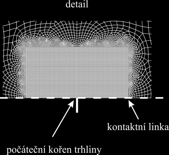 trhliny. To bylo vyřešeno vytvořením kontaktního páru mezi linkou v rovině trhliny, kterou si lze prohlédnout na obr. 14, a spodní hranou modelu.