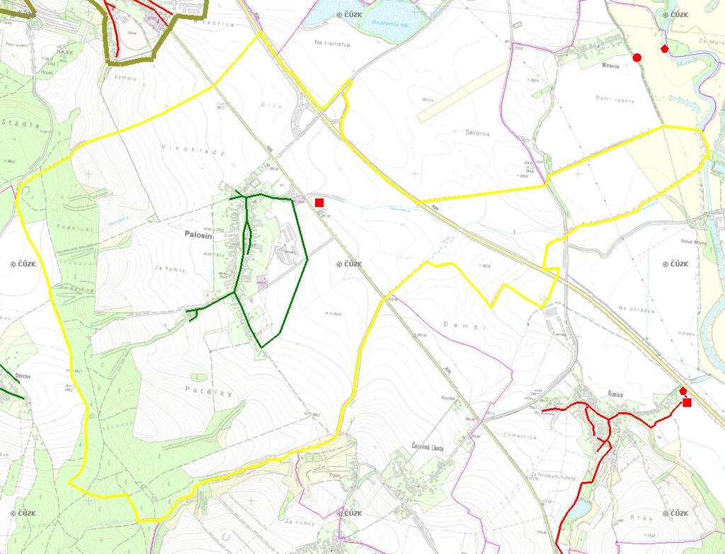 E. KANALIZACE A ČOV Mapa E1: Kanalizace - rozvody v obci Trasování sítí, lokalizace ČOV, čerpací stanice (ČS), výústě Obec: Palonín Legenda: Kanalizace: Ochranné pásmo: Vyústění: do 2015 po 2015 I IA