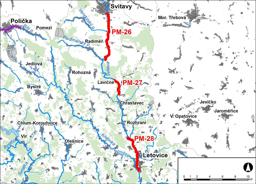 1. LOKALIZACE Předmětem řešeného území jsou tři úseky na řece Svitava v km 59,932-66,938, 74, 937 77,689 a 83,295 91,942 Obr. č. 1 Přehledná mapa řešeného území 2.
