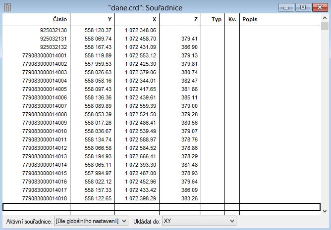 Obr. 10 Seznam souřadnic pomocné měřické sítě v programu Groma 4.3.