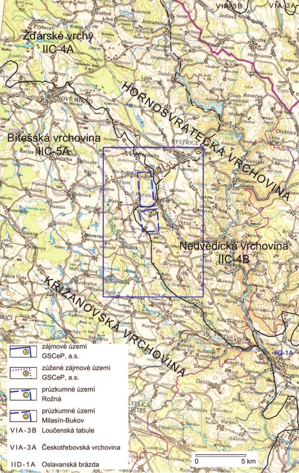 Obrázek 2: Geomorfologické členění území listu Brno se znázorněným navrhovaným zásobníkem plynu (Hájek a kol., 2011, podle M.