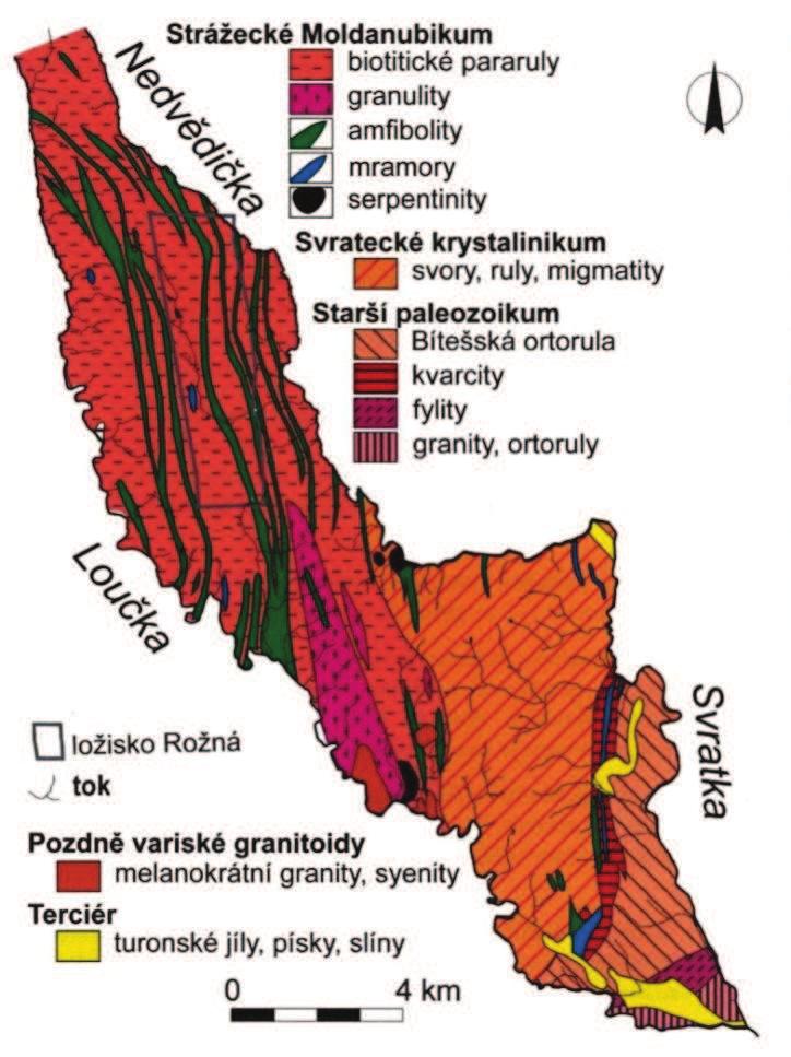 Obrázek 6: Schematická geologická mapa (Říčka, 2008) V okolí ložiska Rožná jsou převážně biotitické a amfibol-biotitické pararuly, polohy amfibolitů, vložky erlanových rul, mramorů, kvarcitů a budiny