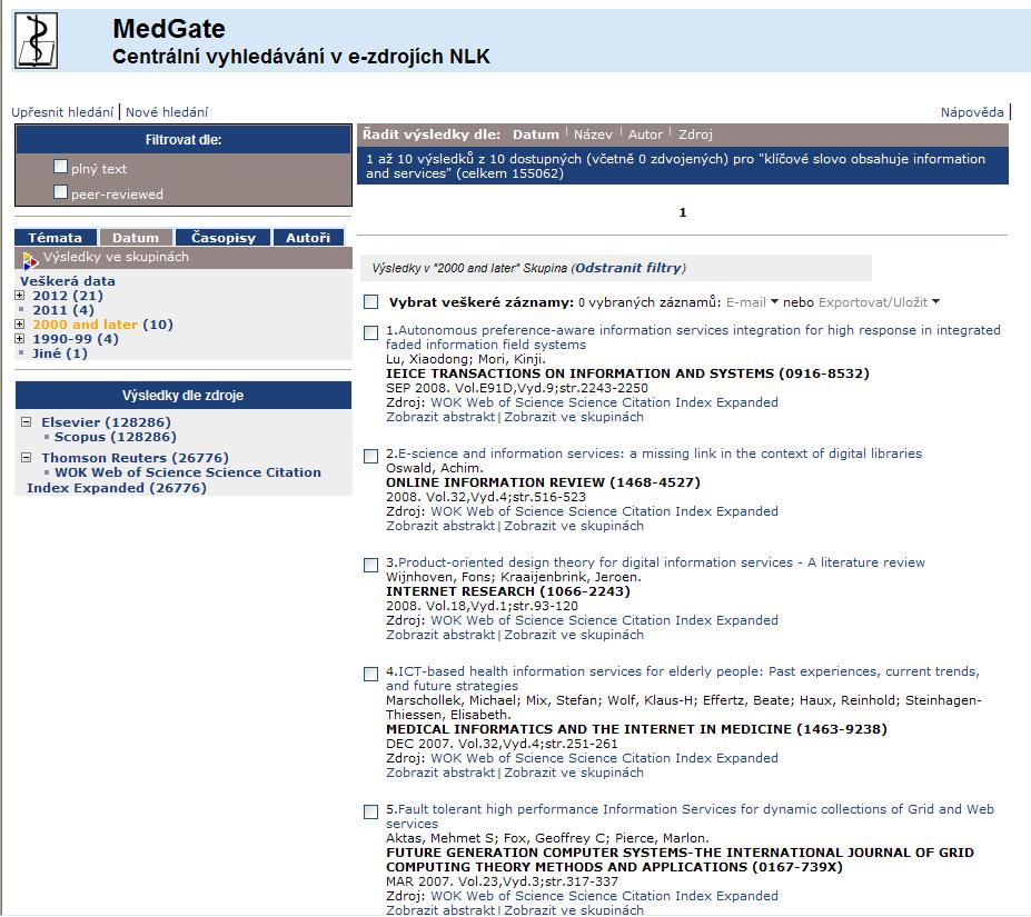 Obr. 9 Portál MedGate výsledky vyhledávání Výsledky vyhledávání je možné řadit podle data publikování, názvu, autora či zdroje záznamu a dál pracovat pomocí filtru - omezit na záznamy s dostupným