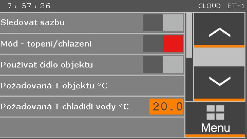 Zobrazuje přehled nejdůležitějších hodnot a umožňuje vstup na obrazovku stavů a poruch (tlačítko Více... Stavy a poruchy) a vstup na obrazovku měření dodaného tepla (tlačítko Více.